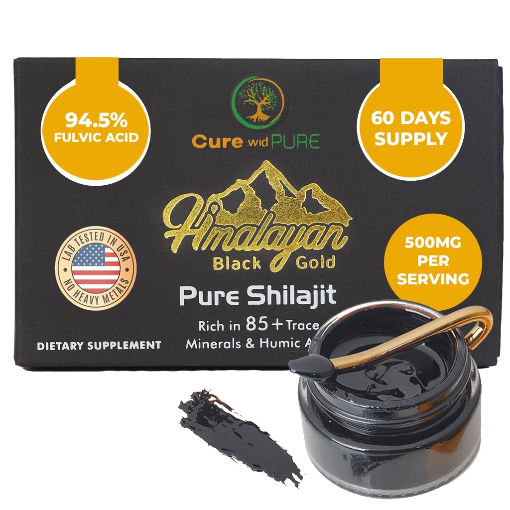 Cure wid Pure Himalayan Shilajit für Männer & Frauen – 94.5% Fulvic Acid Resin, 500 mg 60 Servierungen – USA Lab-geprüftes organisches Adaptogen für Energie, Vitalität & Hormonal Balance