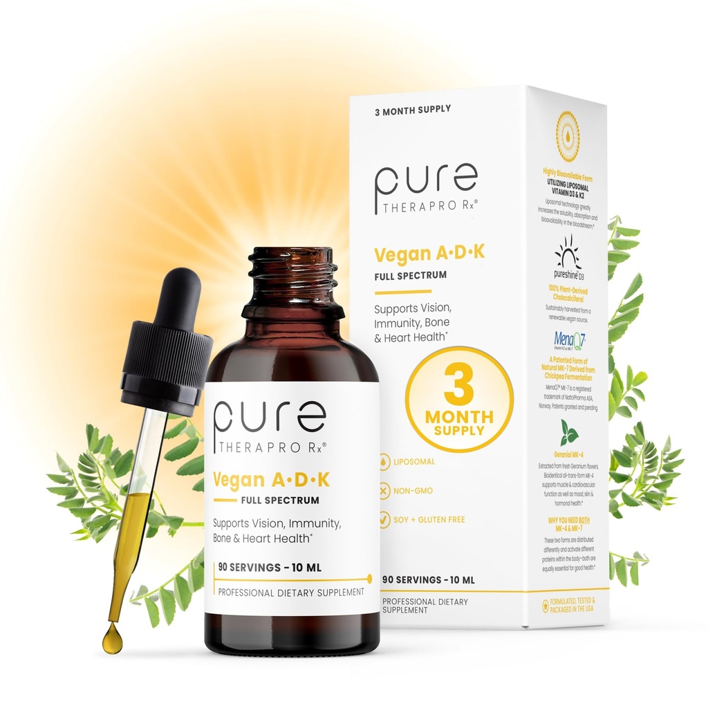 Pure Therapro Rx Vegan A-D-K Tropfen 10 Ml, Made in USA | 3 Monat Versorgung | Vitamin A (Palmitat), Liposomale Vitamin D3 (Pureshine), Liposomale Vitamin K2 (MK-4 & MK-7) Unterstützt Immunität & Knochengesundheit