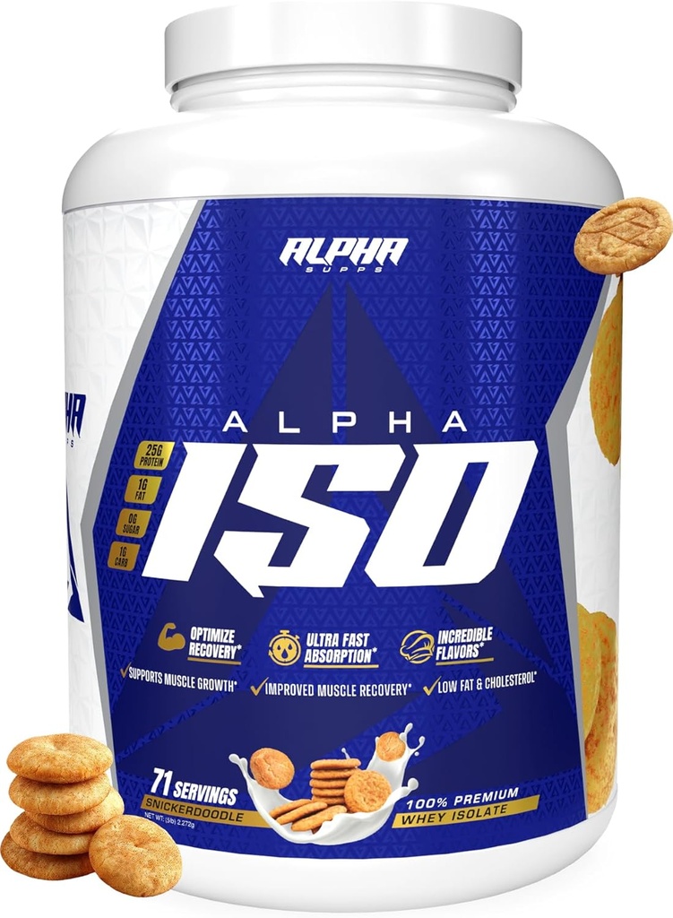 Alpha Suppose ISO, faible teneur en glucides 100% poudre de protéines de lactosérum, 25 grammes par portion, aide à soutenir la croissance musculaire, faible teneur en sucre et sans gluten (Snicker Doodle, 5 lb)