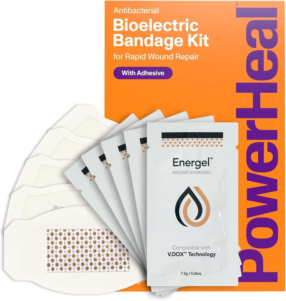 PowerHeal Bioelectric Bandage Kit für Wound Care & Fast Healing – 3-Layers w/Bioelectric Pad, Absorbent Pad, Adhesive + Wound Hydrogel – für Schnitte, Abrasionen, Blister, Burns – 5-Pack, 2.3" x 3.5"