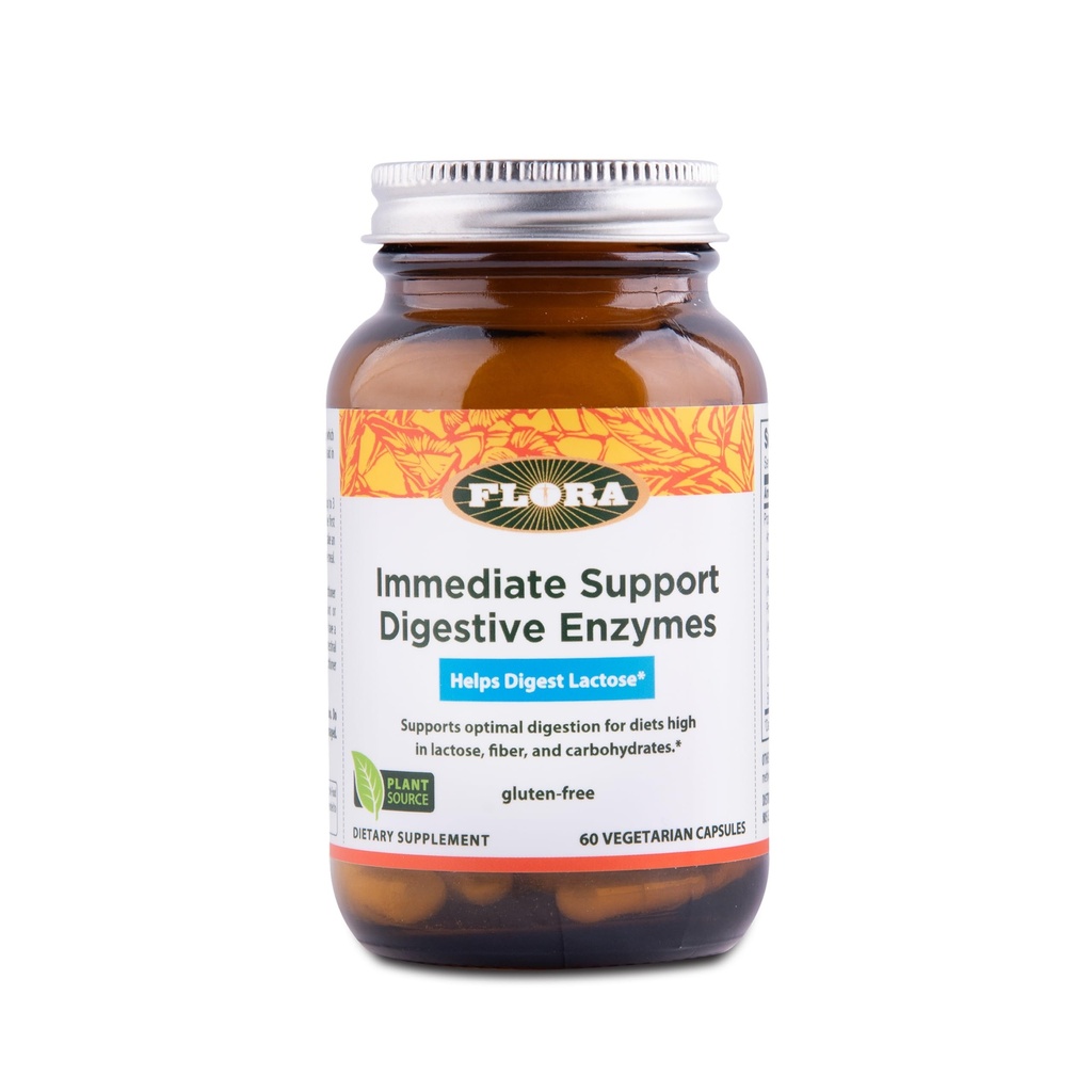 Flora - Sofortige Unterstützung Verdauungsenzyme - Unterstützt Lactose Verdauung, Bloating, Sodbrennen & Gas - Enthält 7 Enzyme - Glutenfrei - 60 Vegetarische Kapseln