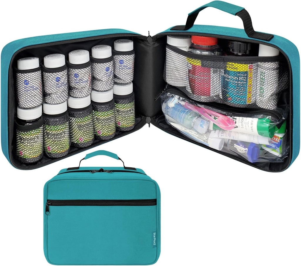 Grand organisateur de bouteille de pilules rembourrée, sac de médecine, étui, transporteur pour médicaments, vitamines et fournitures médicales - organisateur de médecine de voyage et entreposage à domicile Sac Med - Turquoise (sans serrure)