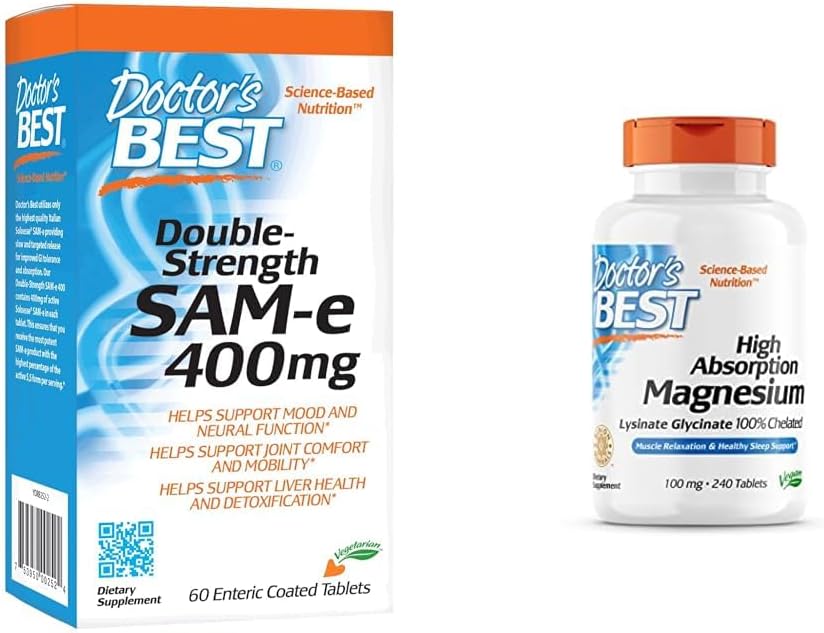 Best SAM-e 400 mg, Vegan, Glutenfrei, Sojafrei, Mood und Gelenkunterstützung, 60 Enteric Coated & Hohe Absorption Magnesium Glycinat Lysinat, 100% Chelat, Non-GMO, Vegan, Gluten