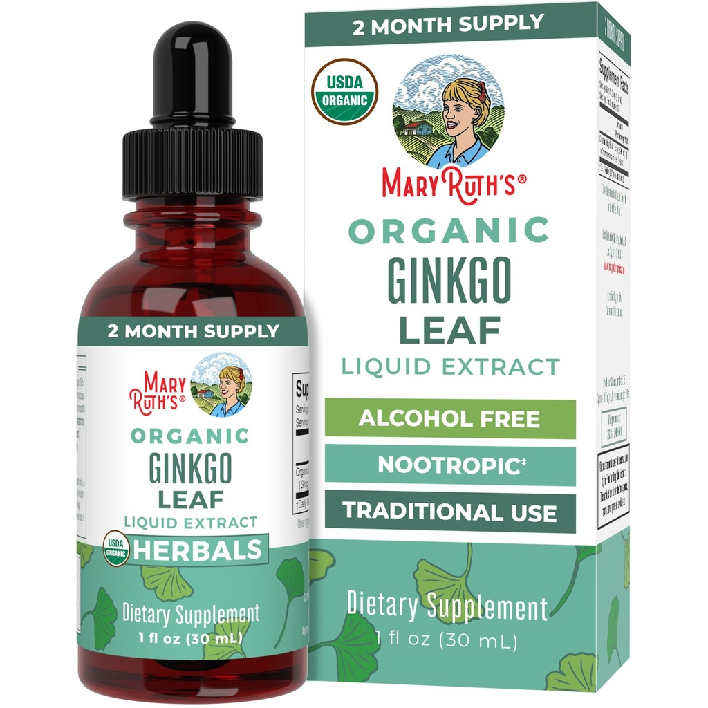 MaryRuth Organics Ginkgo Leaf Liquid Drops.com Supplément à base de plantes Nootropic.com Système circulatoire et système nerveux Santé.