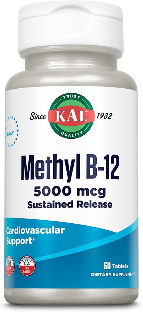 KAL Vitamin B12 Methylcobalamin 5000mcg, Gesunde Energie, Stoffwechsel, Nerve & Red Blood Cell Support,* Fast Dissolve ActivMelts, Optimale Absorption, Natürliche Himbeere Geschmack, 90 Servierungen, 90 Micro Tabs