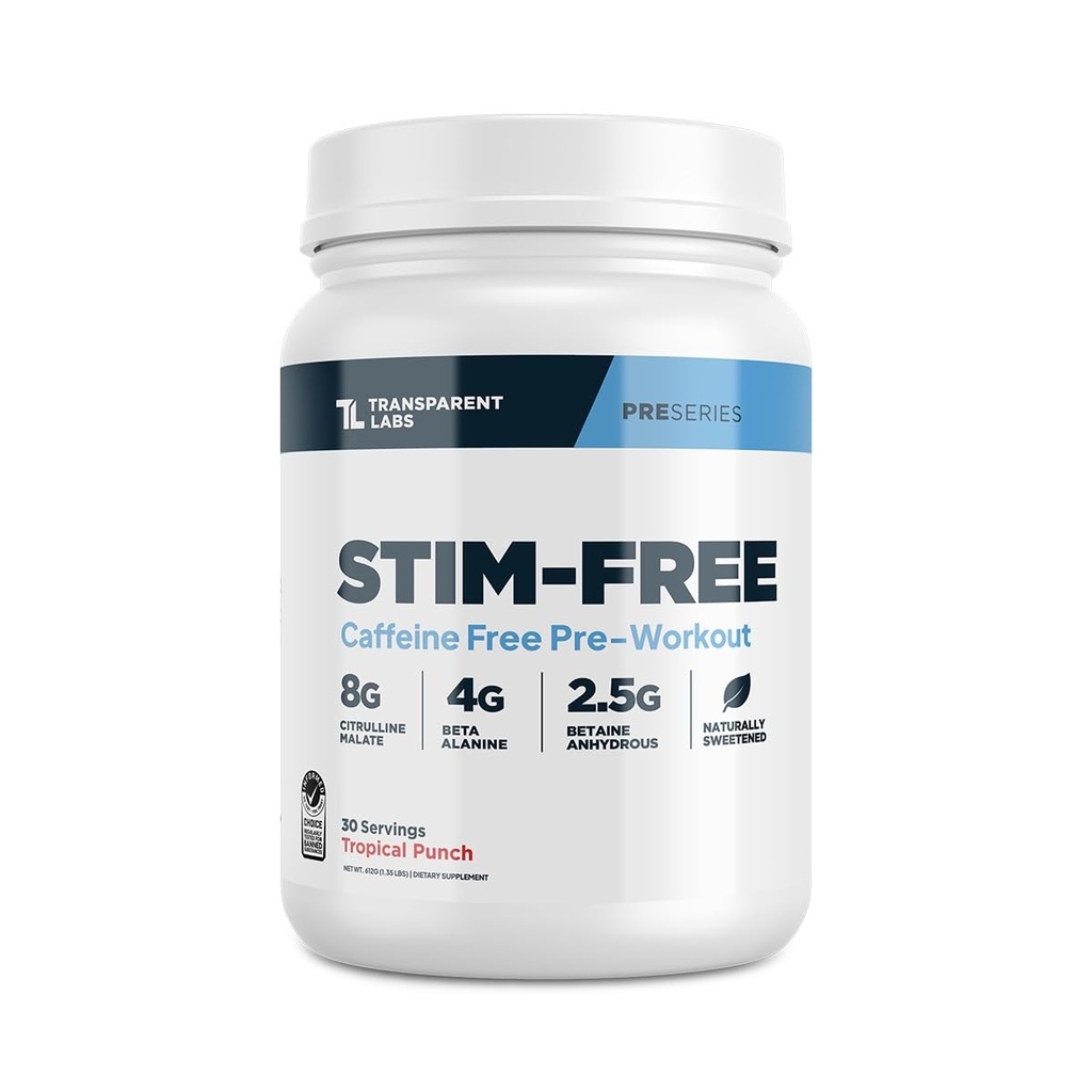 Transparent Labs Stim-Free Pre-Workout - Koffein & Stim Free Pre Workout Pulver für Männer und Frauen mit Beta Alanine Pulver, Citrulline Malate, &amp; ElevATP - 30 Servierungen, Tropical Punch