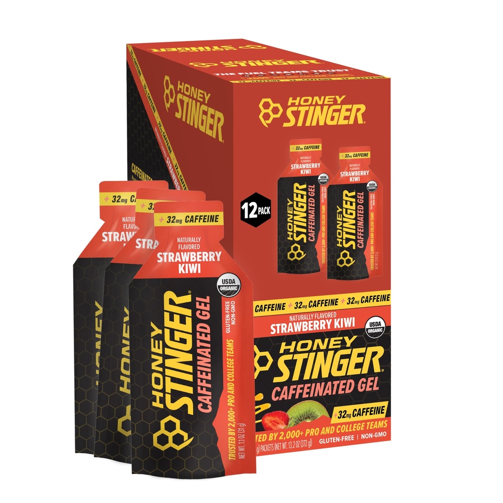 Honey Stinger Organic Erdbeer Kiwi Energy Gel, Koffeiniert & Glutenfrei, für Übung, Laufen und Performance, Sporternährung für Heim & Gym, Pre and Mid Workout, 12 Pack, 13.2 Unze