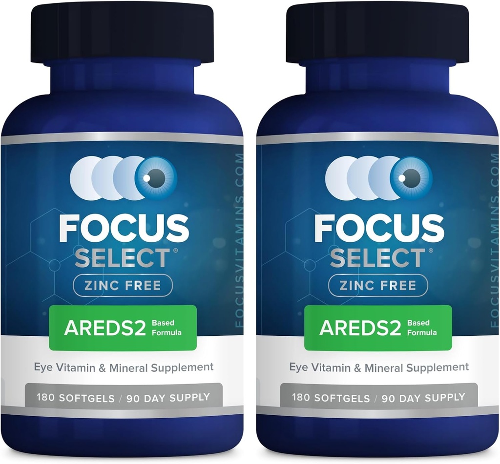 Fokus Wählen Sie Zink Kostenlose Formel | 180 Softgel Kapseln 2 Pack| AREDS2 basierende Formel | Eye Vitamin & Supplement | Unterstützung für Macular Generation | Einfach zu schlucken Pille