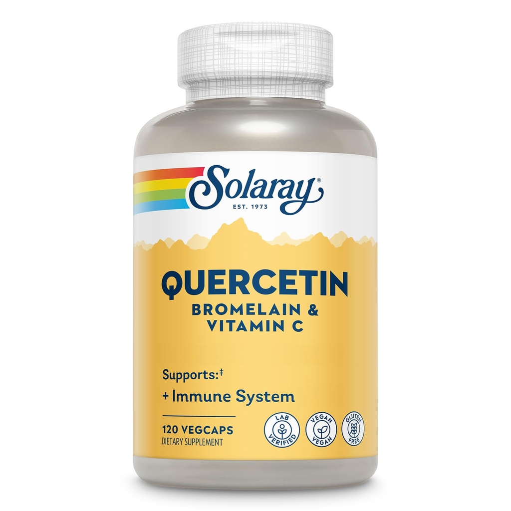 SOLARAY Quercetin avec Bromelain et vitamine C - Supplément de soutien immunitaire - Complexe antioxydant et de santé cardiaque avec Quercetin 500mg et 1235mg VIT C - Vegan, garantie de 60 jours, 60 portions, 120 VegCaps