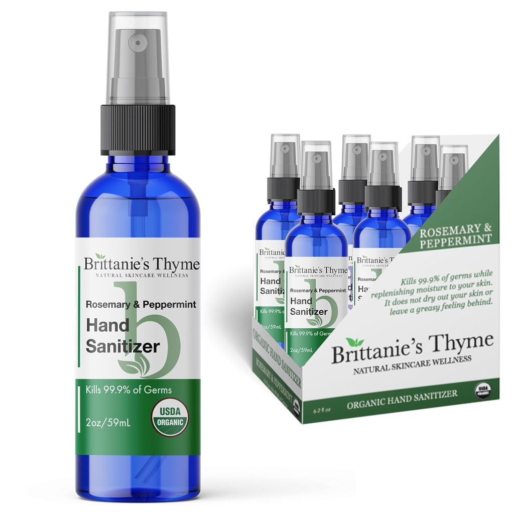 Thym de Brittanie Organic Travel Hand Sanitizer Spray, Rosemary & Peppermint 2oz 6 Count.