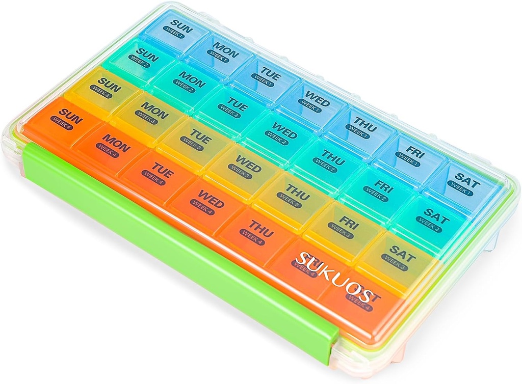 Sukuos Monatliche Pille Organizer 4 Woche, Große Pille Box leicht zu öffnen, Feuchtigkeit / Durst-Proof-Fälle für Monat Vitamin /Fish Öl / Ergänzungen mit klarem Deckel