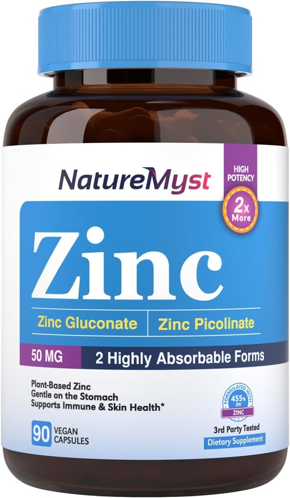 Zink, hochabsorbierbar Zink Gluconat & Zink Picolinat, 50 mg Elemental Zink, Sanft auf den Magen, Immun-, Zell- & Haut-Gesundheit, 90 Vegan Caps