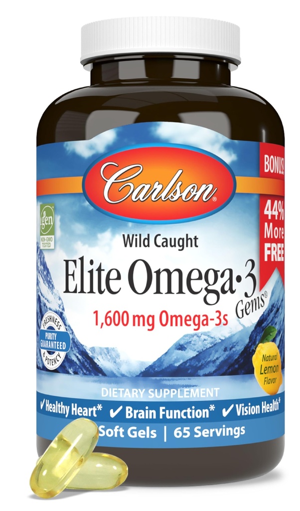 Carlson - Elite Omega-3 Gems, 1600 mg Omega-3 Acides gras incluant EPA et DHA, Norvégien, supplément d'huile de poisson sauvage, capsules d'huile de poisson Omega 3, Citron, 130 Softgels