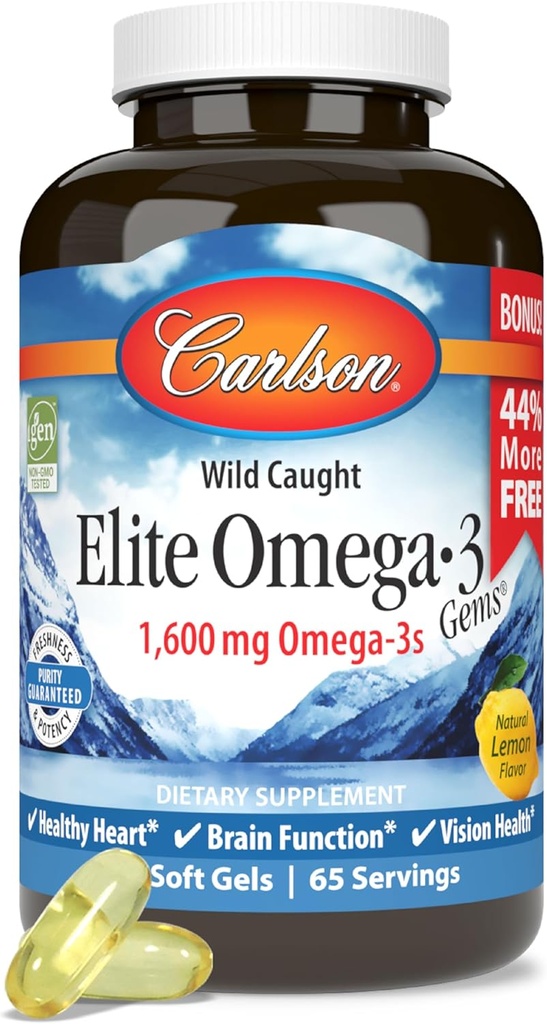 Carlson - Elite Omega-3 Gems, 1600 mg Omega-3 Acides gras incluant EPA et DHA, Norvégien, supplément d'huile de poisson sauvage, capsules d'huile de poisson Omega 3, Citron, 130 Softgels