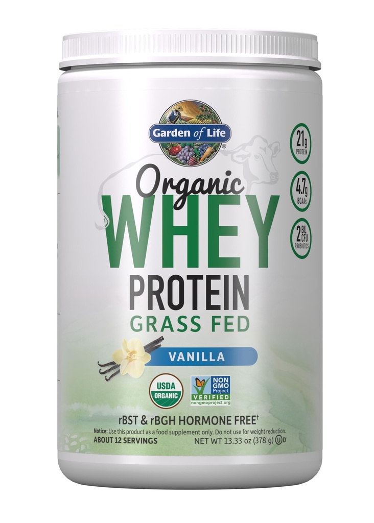 Garten des Lebens Gras Fed Whey Protein Pulver Vanille - 21g Protein für Frauen & Männer + Probiotika - 12 Servierungen - Glutenfrei, Non GMO, Kosher, Humane, RBST & rBGH Hormone Kostenlos