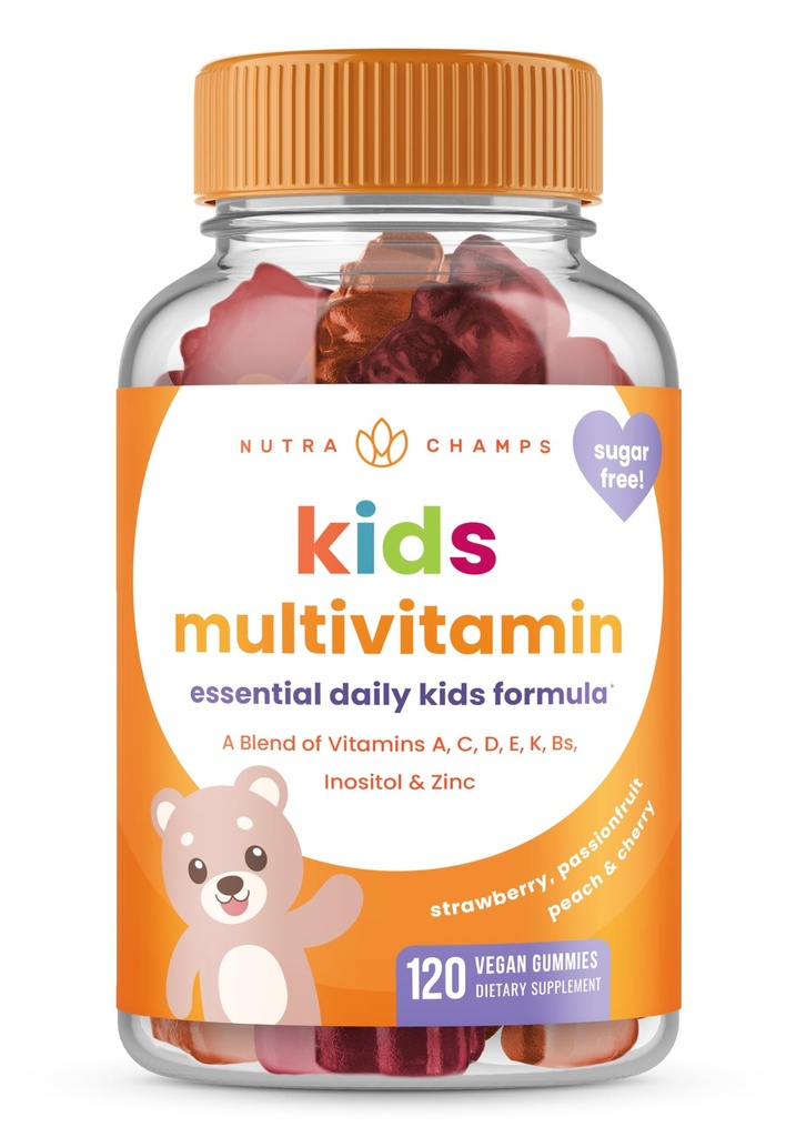 NutraChamps Kids Multivitamin Gummies | Sugar Free 120 Gummy Vitamins for Kids | Vegan & Non-GMO | Strawberry, Passionfruit, Peach & Cherry