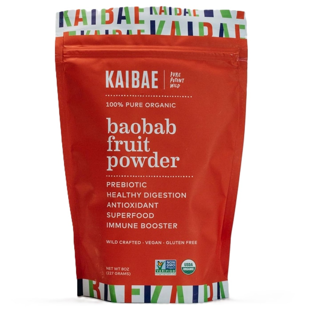 KAIBAE Premium poudre biologique Baobab I santé prébiotique Gut, jeûne intermittent, immunité, hydratation, vitamine C, polyphénols, minéraux, supplément de fibre de 8 oz.