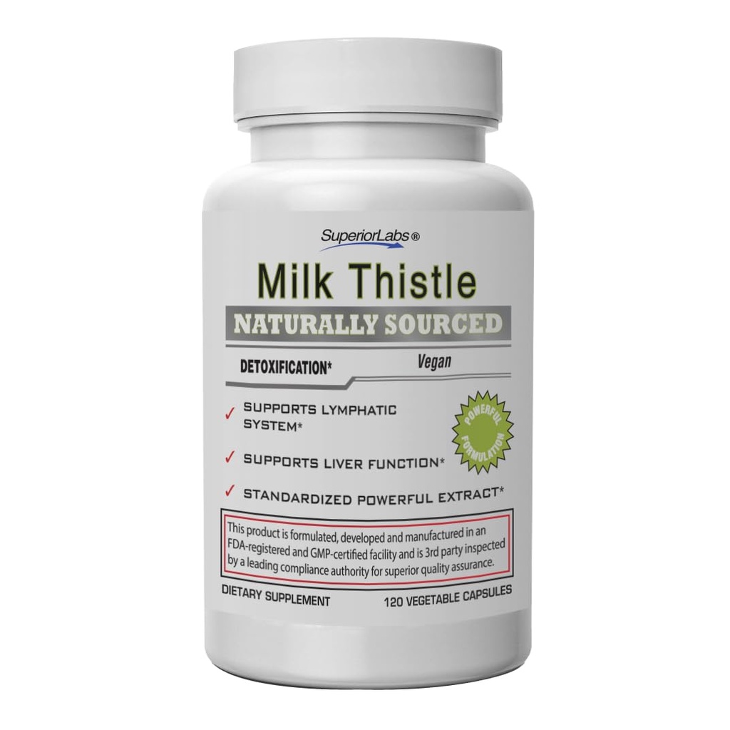Superior Labs Milchdistel NonGMO - 80% Silymarin Flavonoids - Leistungsstarke Formel für gesundes Leber, Nieren, Detox und Funktion, Energie - 250mg 4:1 Extrakt Ausbeute 1000mg, 120 Gemüsekappen