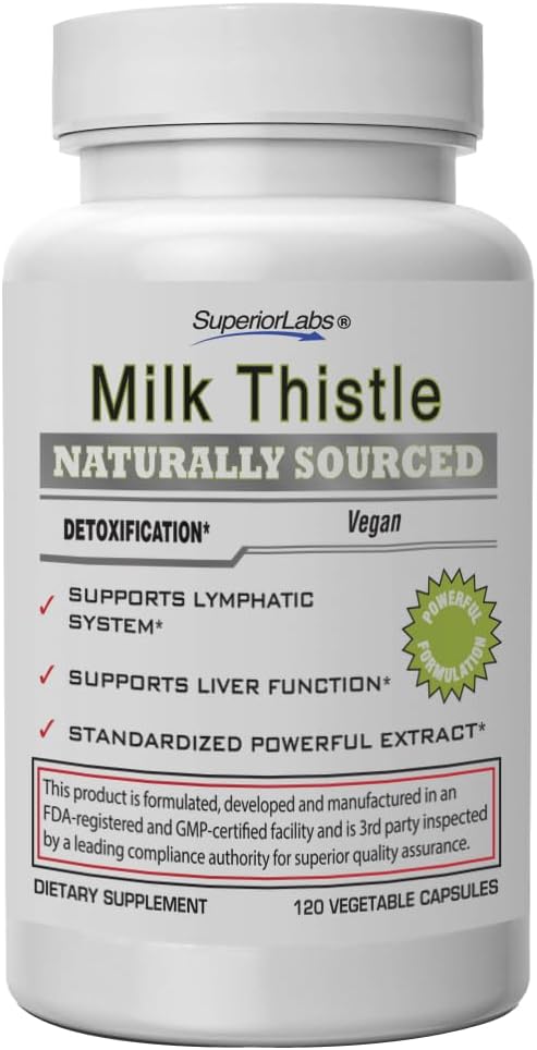 Superior Labs Milk Thistle NonGMO - 80% Silymarin Flavonoids - Powerful Formula for Healthy Liver, Kidney, Detox and Function, Energy - 250mg 4:1 Extract Yielding 1,000mg, 120 Vegetable Caps
