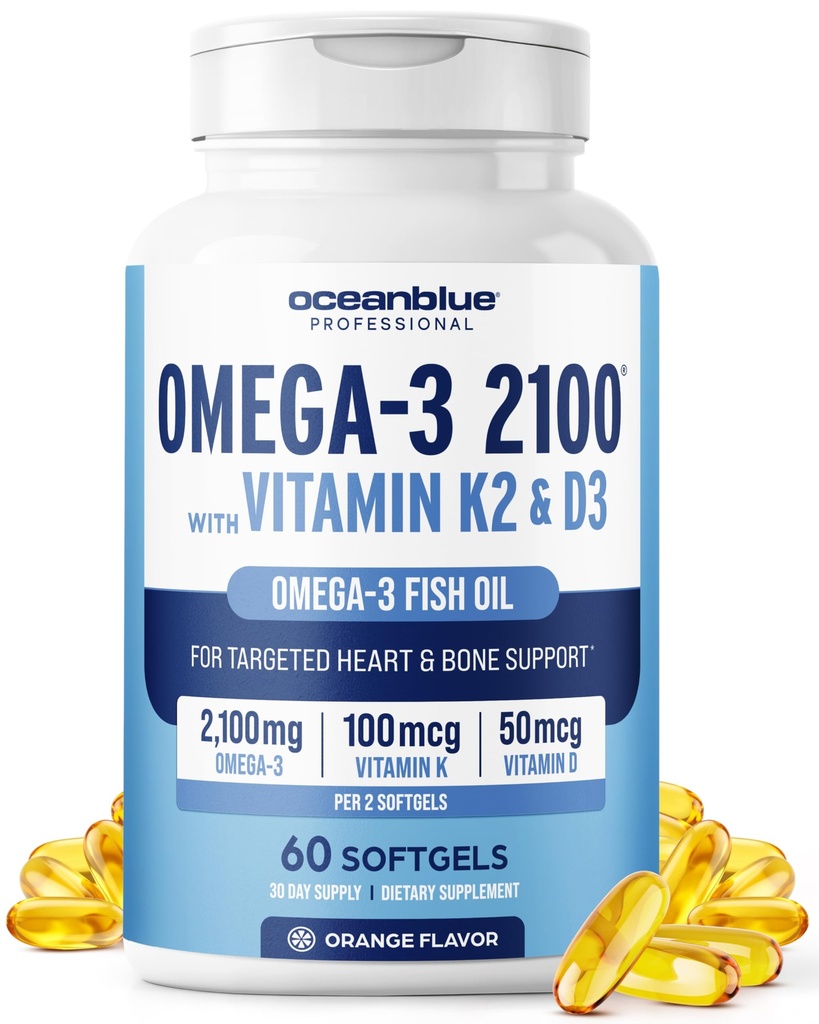 Oceanblue Professional Omega-3 2100 avec Vitamine K2 et Vitamine D3-60 Compte - Triple Strength Burpless Fish Oil Omega-3 Supplément avec EPA, DHA et DPA - Sauvage pris - Orange Flavor, 30 portions
