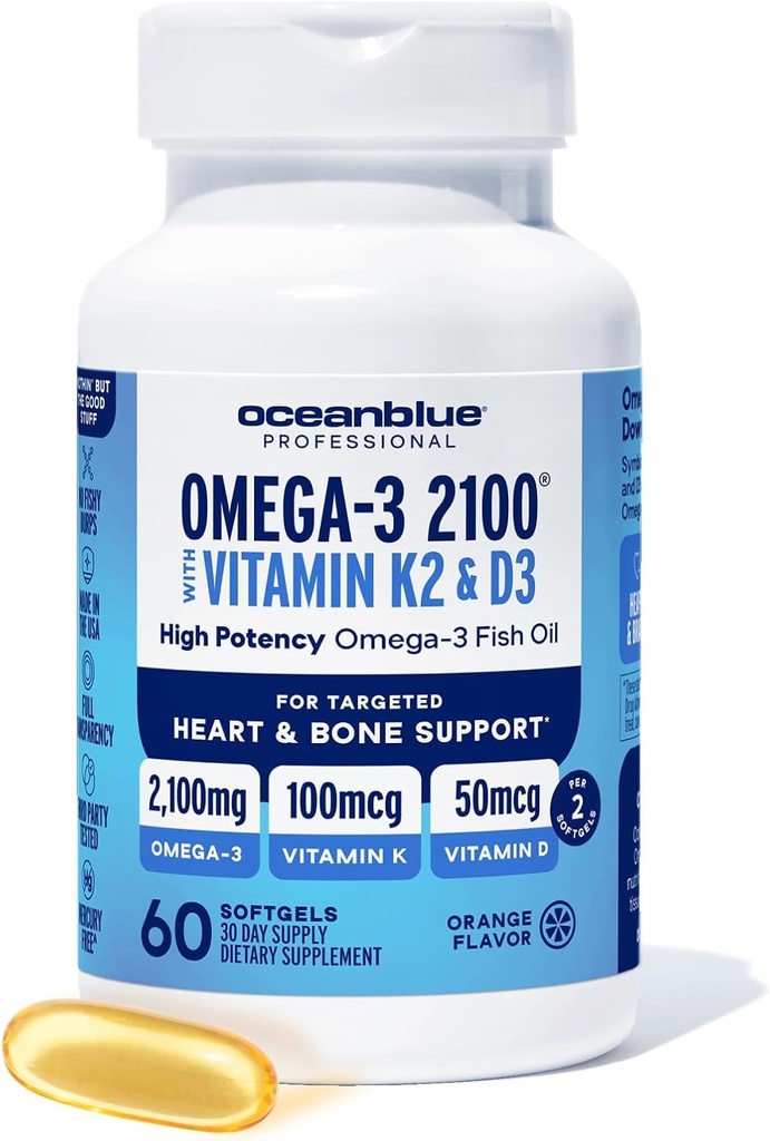 Oceanblue Professional Omega-3 2100 with Vitamin K2 and Vitamin D3-60 Count - Triple Strength Burpless Fish Oil Omega-3 Supplement with EPA, DHA & DPA - Wild Caught - Orange Flavor, 30 Servings