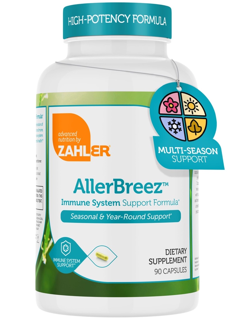 Zahler AllerBreez Immune Formule de support système avec vitamine C, Quercetine, vitamine B5, MSM et sting Nettle - Supplément de support immunitaire saisonnier et annuel, supplément allergène Dhist (90 capsules)