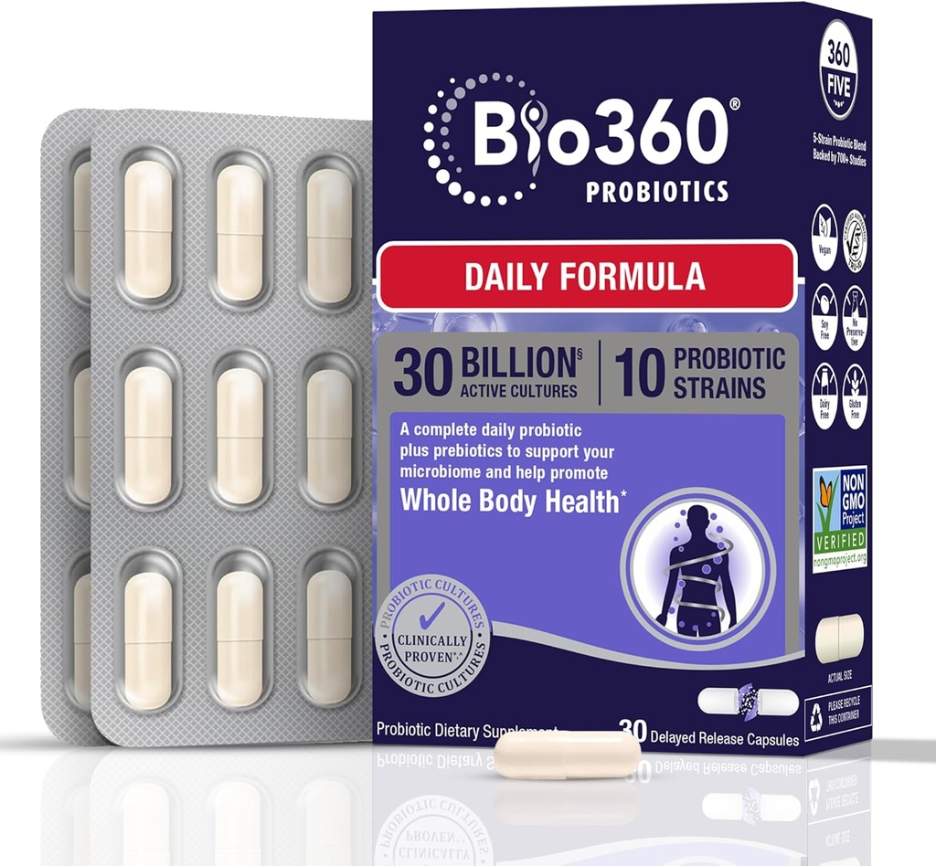 Bio360 Supplément probiotique quotidien adulte pour les femmes et les hommes, 30 milliards d'UFC, 10 souches, fibres prébiotiques organiques, santé digestive et immunitaire, constipation occasionnelle, diarrhée, gaz et ballonnement, 30CT
