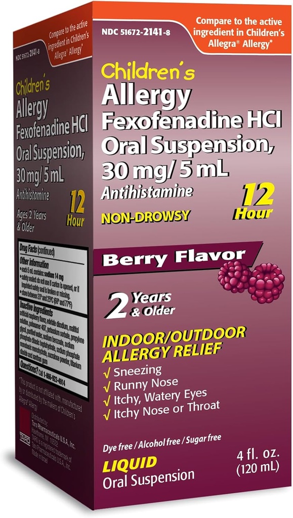 TARO anti-allergie pour les enfants 12HR anti-fuite liquide anti-histaminique, saveur de baie, sans alcool, sans colorant et sans sucre, Fexofenadine HCl (4 oz)