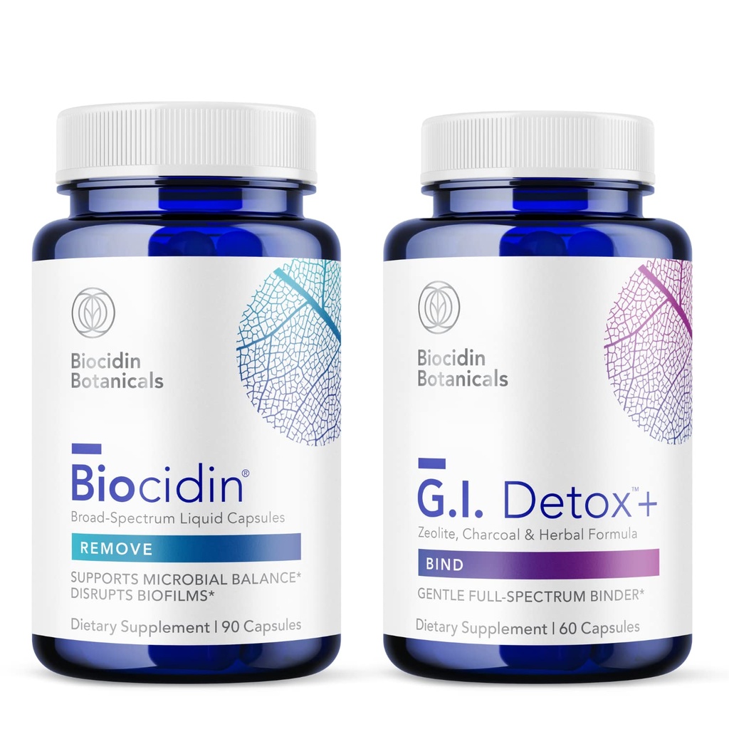 Biocidin Capules et GI Detox+ Binder Bundle - soutient le démantèlement des biofilms, la désintoxication saine et le nettoyage complet avec les botaniques, la zéolite et le charbon activé