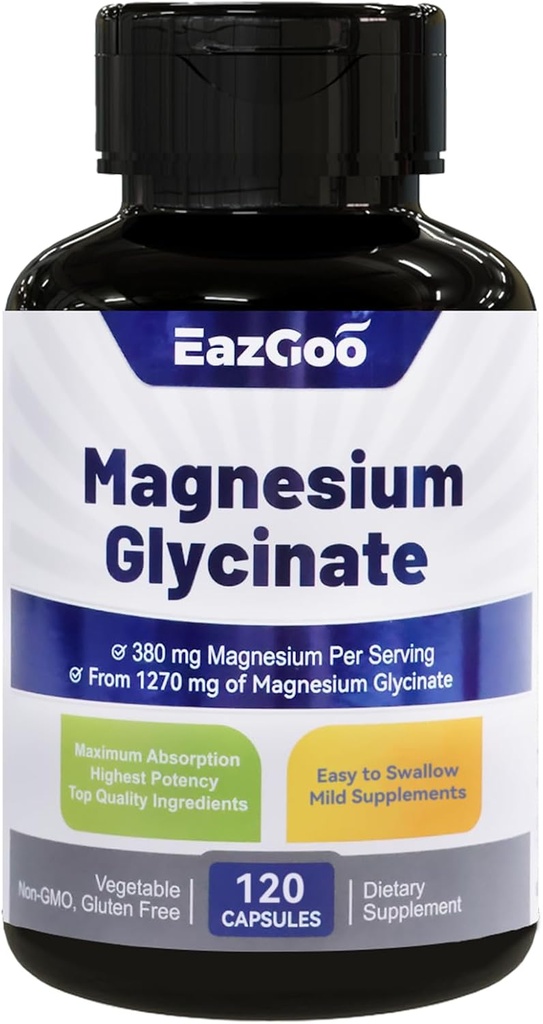 Glycinate de magnésium Capsules 1270mg, 380mg Supplément de magnésium, supplément de glycinate de magnésium à haute absorption, non-OGM sans gluten, 120 Capsules