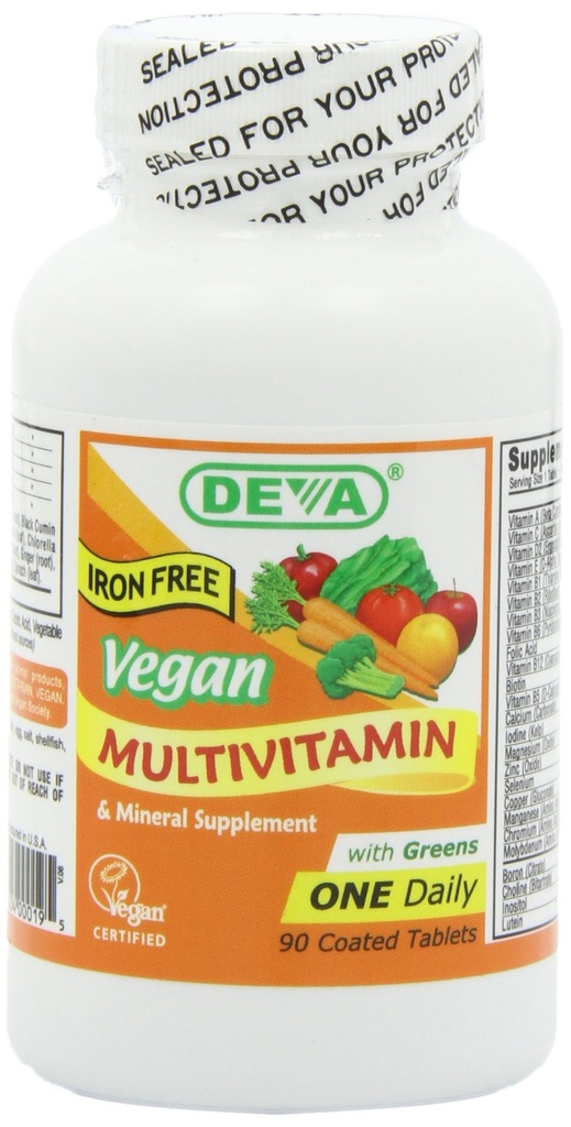 DEVA Multivitamine et supplément minéral sans fer végétalien, mélange alimentaire vert, spiruline, Chlorella, Ashwagandha, Brocoli, 90 comprimés enduits