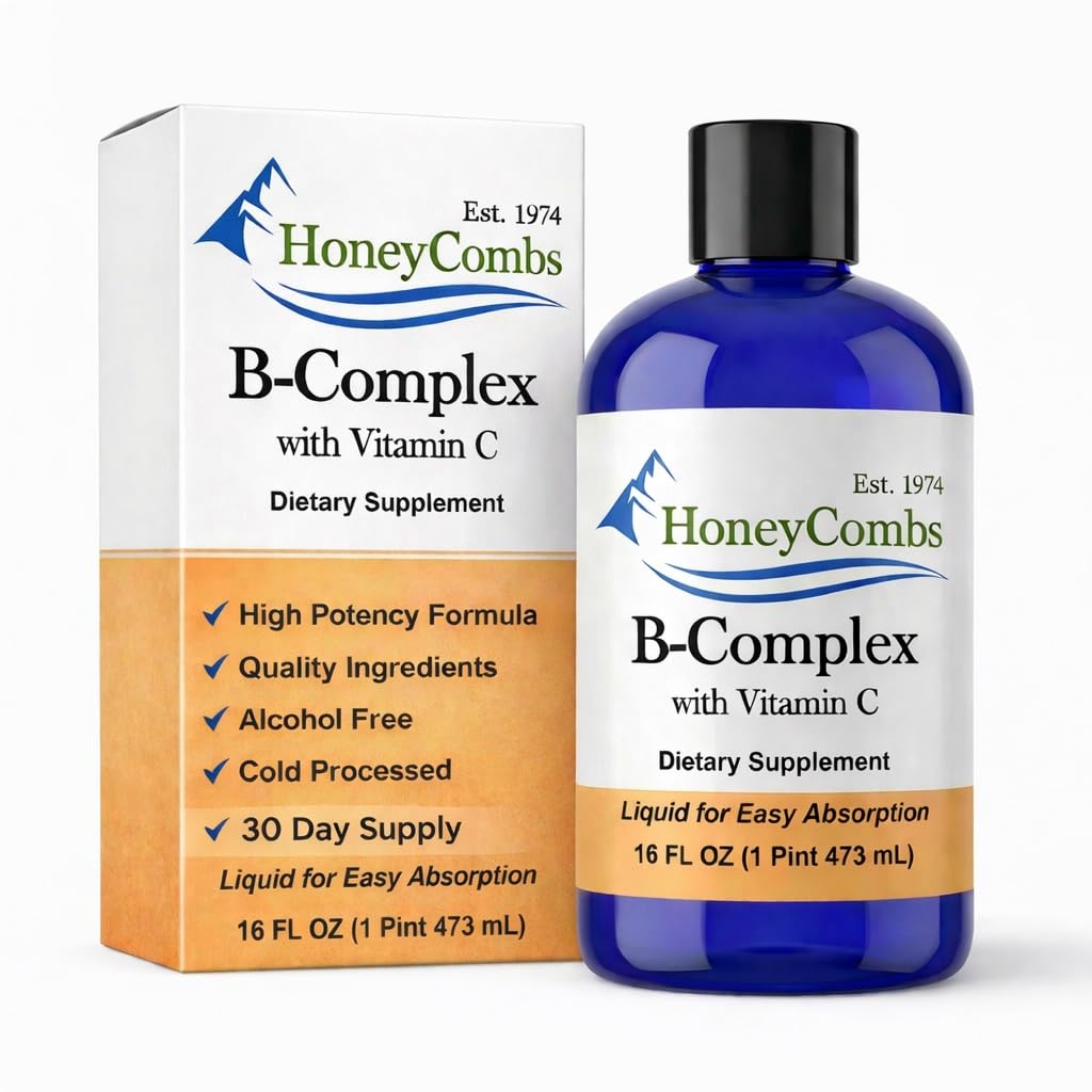 HoneyCombs Vitamin B Complex Tropfen – Flüssige Ergänzung mit Vitamin B1, B2, B3, B5, B6, B7, B9, B12 & Vitamin C – Super B Complex Vitamins – Alkoholfreie flüssige Vitaminergänzung, 16 Fl Oz.