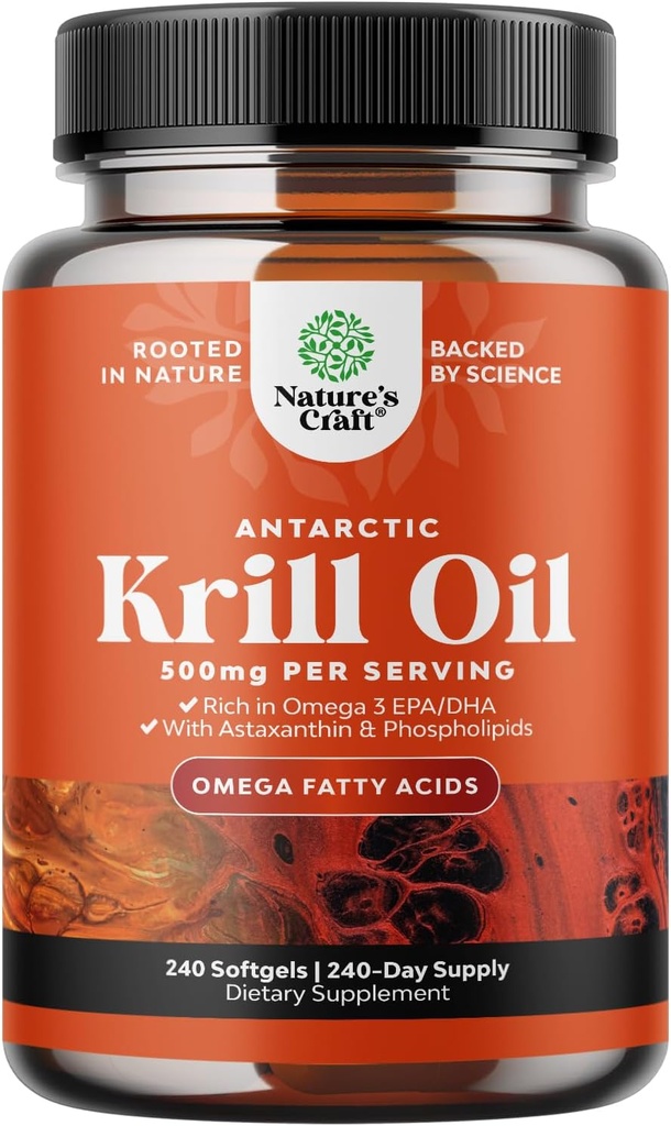 Huile de krill antarctique 500mg Softgels - supplément d'huile de krill Omega 3 avec EPA DHA & Astaxanthin pour le cerveau articulaire et le cœur - 3e laboratoire de partie testé Aucun OGM de gluten ou arrière-goût de poisson (jusqu'à 8 mois d'approvisionnement)