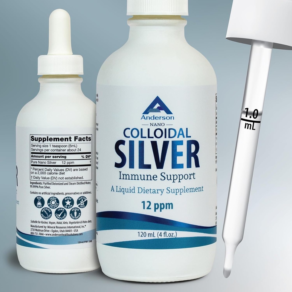 Nano Kolloidale Silberflüssigkeit für Immununterstützung, 12 PPM Deionisierte Silber, 4 Oz Glasflasche mit Messtropfen, 24 Servierungen