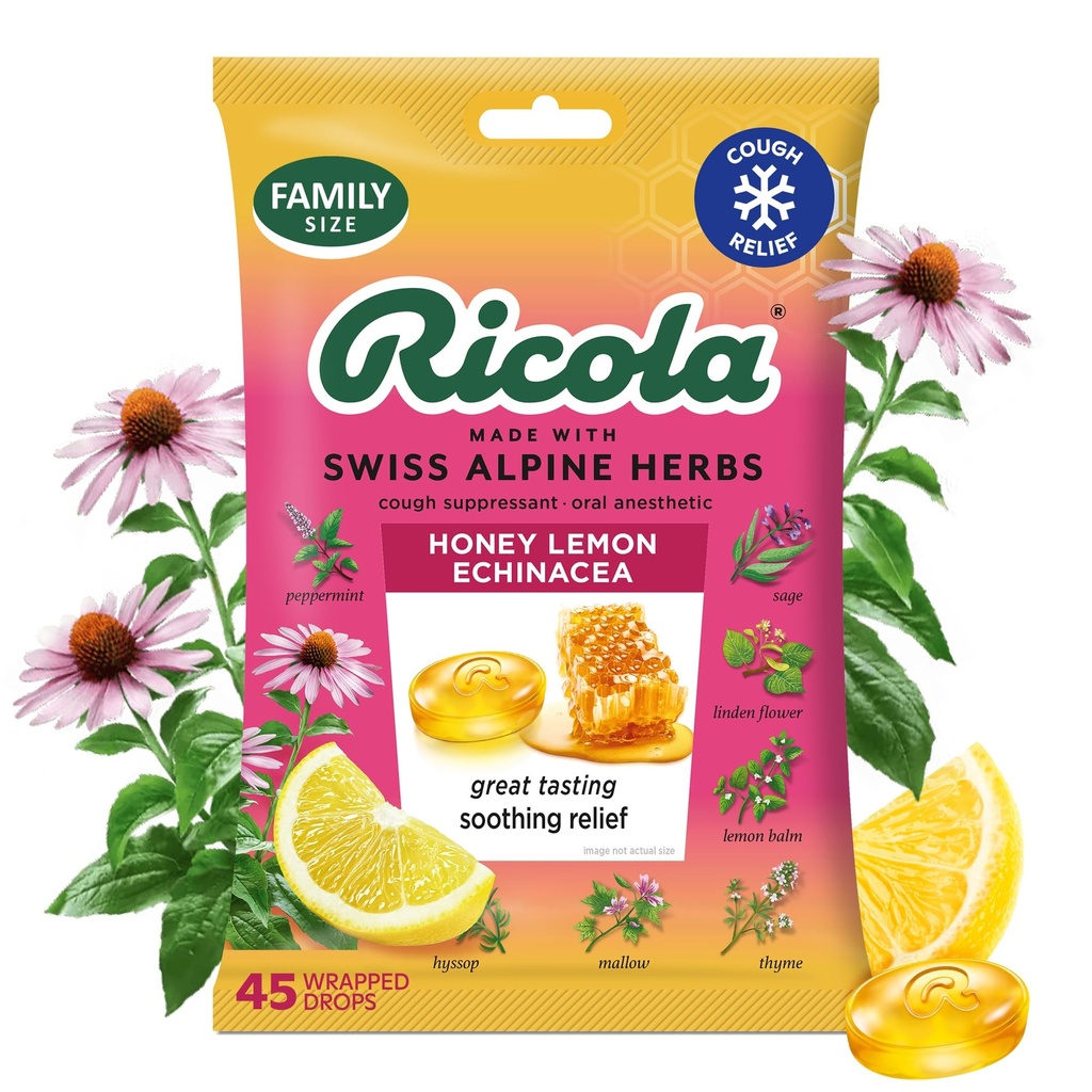 Ricola Lémon au miel avec gouttes de Toux d'Echinacea, 45 comtes, Delicious Throat Relief & Care, Anesthésie orale, naturellement aromatisé