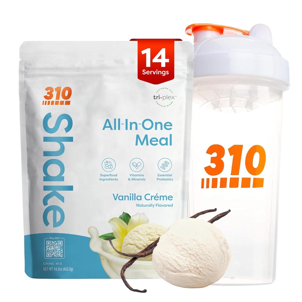 310 Nutrition All-in-One Meal Replacement Shake Powder w/Shaker Cup Starter Kit - Haute protéine fibre riche mélange de superaliments végétaliens - sans sucre, Keto & Paleo Friendly, Faible Carb - Vanilla Creme 14 srv