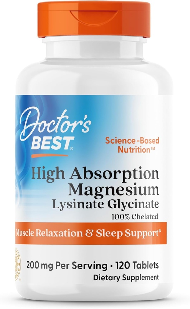 Doctor’s Best High Absorption Magnesium Glycinat Lysinat Ergänzung - 100% Chelat für maximale Absorption - Magnesium für Schlaf und Muskel Erholung - 200 mg pro Servierung - 120 Tabletten