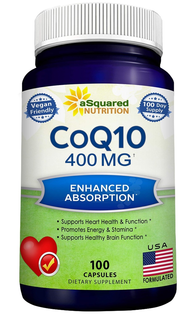 aSquared Nutrition CoQ10 (400mg Max Strength, 100 Veggie Kapseln) - High Absorption Coenzym Q10 Pulver - Ubichinon Ergänzung Pillen, Extra Antioxidans CO Q-10 Enzym Vitamin Tabletten, Coq 10 400 mg