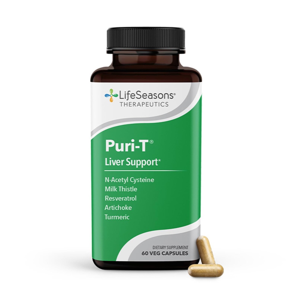 LifeSeasons Puri-T - Supplément de soutien pour le nettoyage du foie et la désintoxication - Resvératrol, N-acétyl Cysteine, Thistle de lait, Artichaut et curcuma - Soutient la régénération tissulaire et le flux biliaire sain - 60 capsules