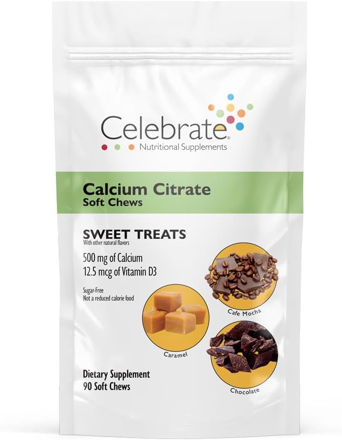 Celebrate Vitamine Bariatric Kalzium Citrate Weichkäse mit Vitamin D3, 500mg, Sugar-Free & Gluten-Free Calcium Citrat für Bariatric Patienten, Sweet Treats, 90 Count