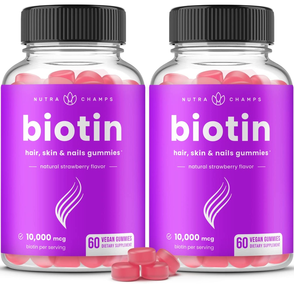 NutraChamps (2 Pack) Biotine Gommies 10 000mcg [haute puissance] pour les cheveux, la peau et les ongles sains pour les adultes et les enfants - 5000mcg dans chaque vitamine Gummy - Vegan, non-OGM, supplément de santé des cheveux à base de pectine