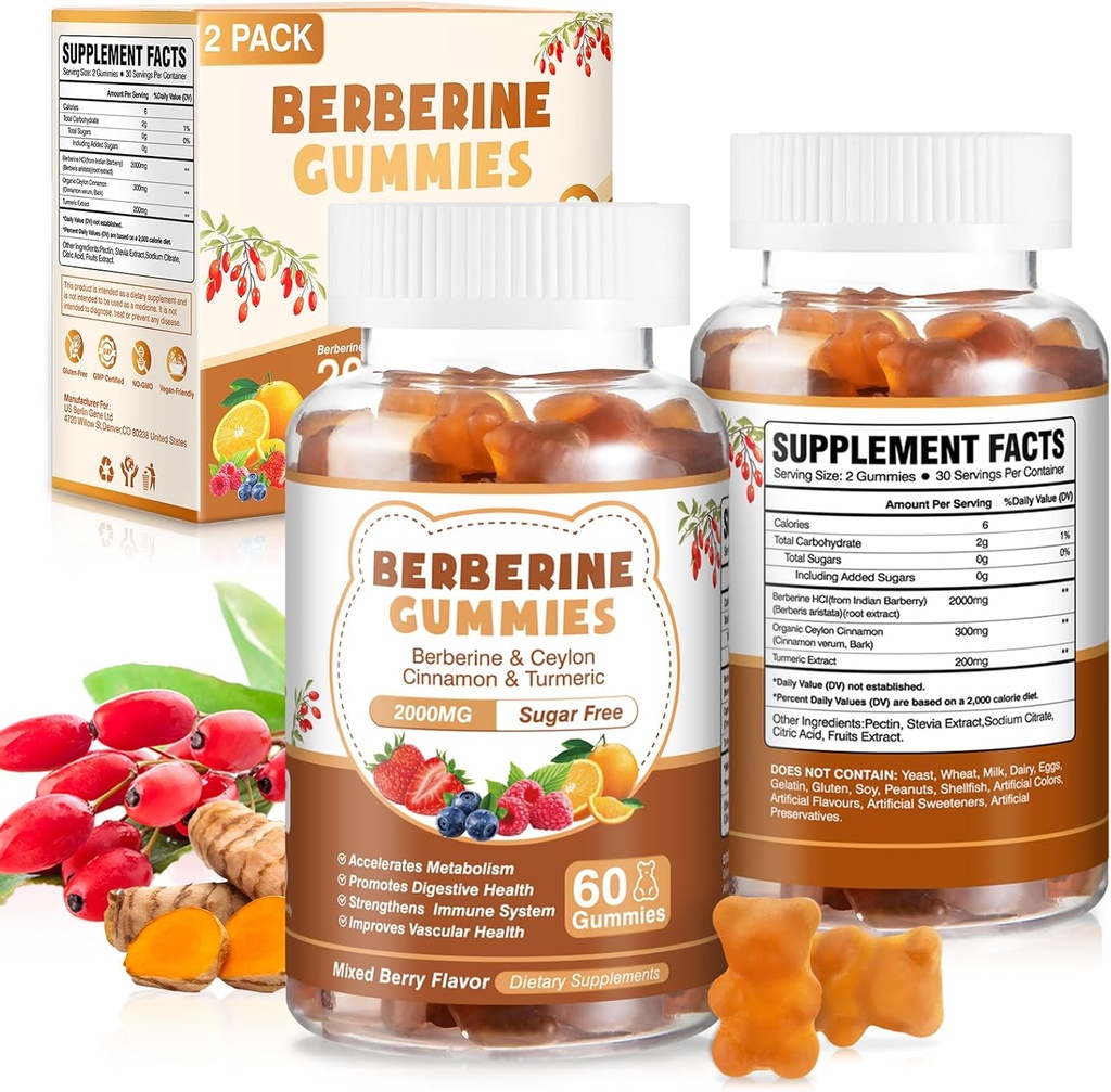 120 Graf Berberine Extrakt Gummie 2000mg natürliche organische Berberin Extrakt HCI-Ergänzung mit Ceylon Cinnamon Turmeric für Frauen Männer unterstützen Verdauungs Immunsystem Metabolismus Gemischte Berry Flavor