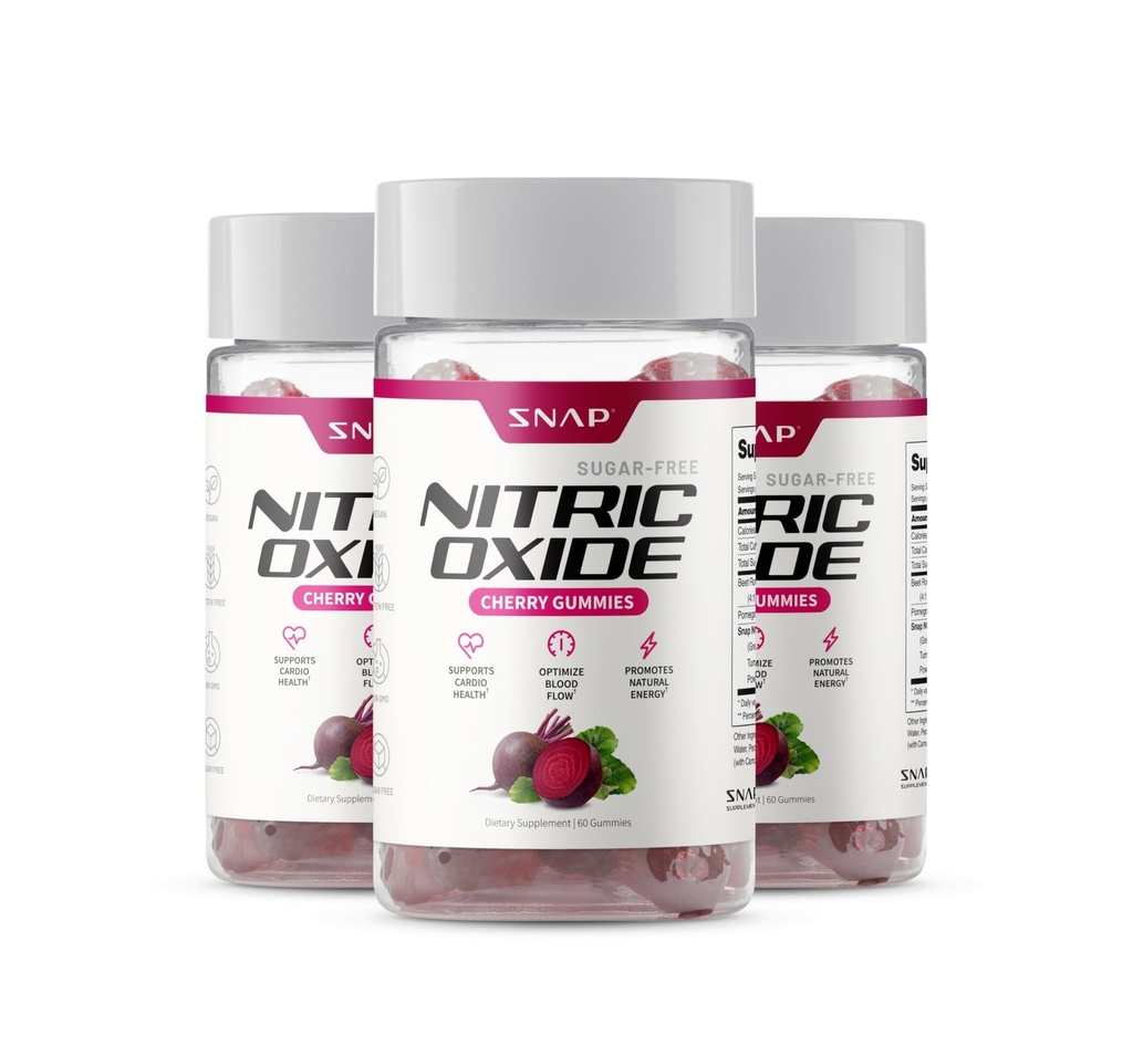 Snap Supplements Nitric Oxide Gummies - Beet Root Extract 300mg, Sugar Free Beetroot Supplement with Pomegranate Powder for Circulation & Natural Energy, 60 Vegan Gummies (3-Pack), Cherry Flavor
