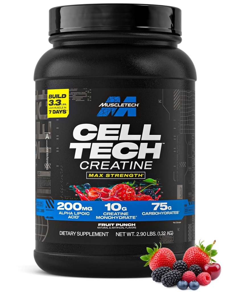 MuscleTech Creatine Monohydrate Poudre Cell-Tech Creatine post entraînement Recovery Builder Muscle Builder pour hommes et femmes Muscle Building Suppléments Fruit Punch, 3 lbs (27 Serv)