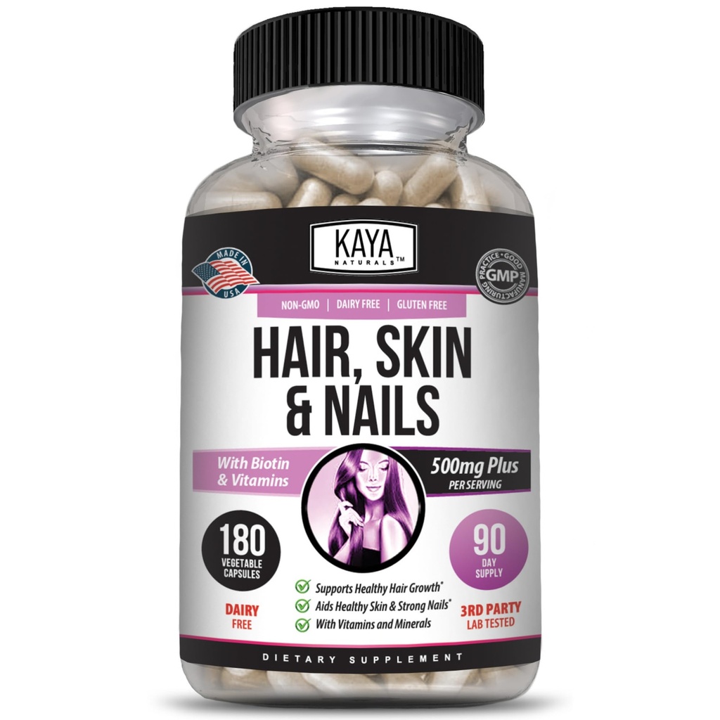 Kaya Naturals Haar Haut Nagel Kapseln BIOTIN Vitamin D Vitamin B-12 A Folic Acid Support, Haarunterstützung Vitamin Supplement - 180 Count