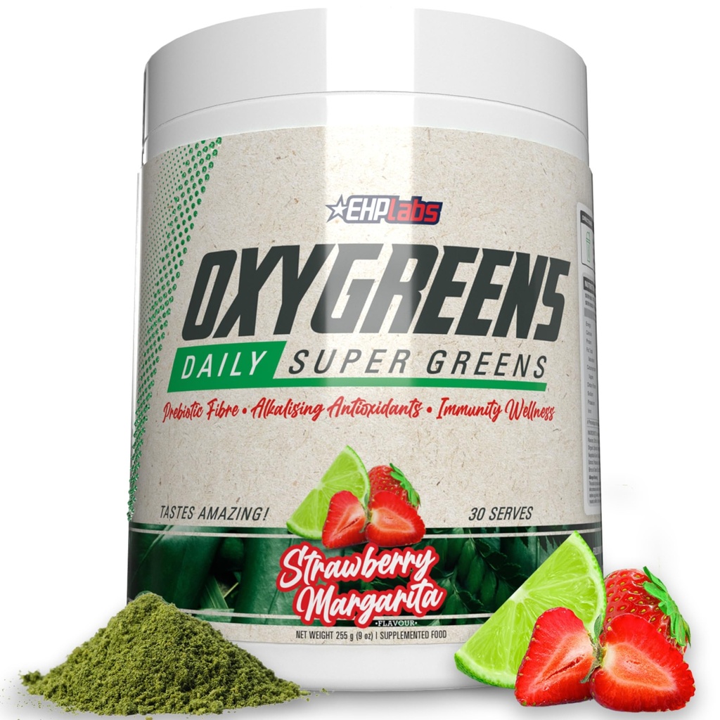 EHP Labs OxyGreens Super Greens Poudre - Spiruline et Chlorella Superfood, Poudre de jus vert et Suppléments verts avec Fibre prébiotique, Antioxydants et Immunity Support, 30 portions (Strawb. Margarita)