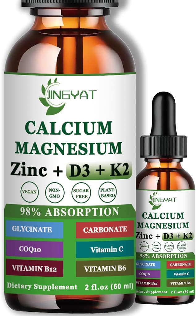Calcium Magnesium Zink Flüssigkeitstropfen, flüssiges Magnesium Glycinat 500mg Calcium 1000mg mit Vitamin D3,K2,B6,B12,Coq10 für Knochenstärke, Muskelfunktion,6X Stärkere Dan Gummies Kapseln