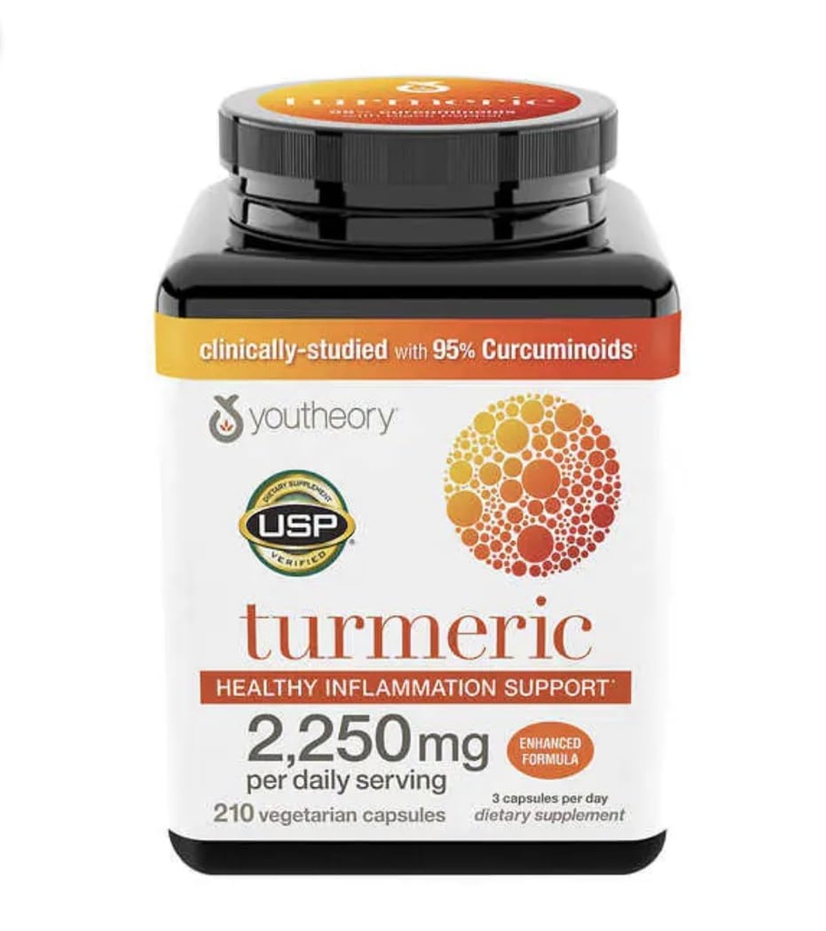 Supplément curcumin curcumin curcuma Youtheory avec Pepper noir BioPerine, propriétés antioxydantes puissantes pour le soutien articulaire et l'inflammation saine 2250 MG 210 Capsules