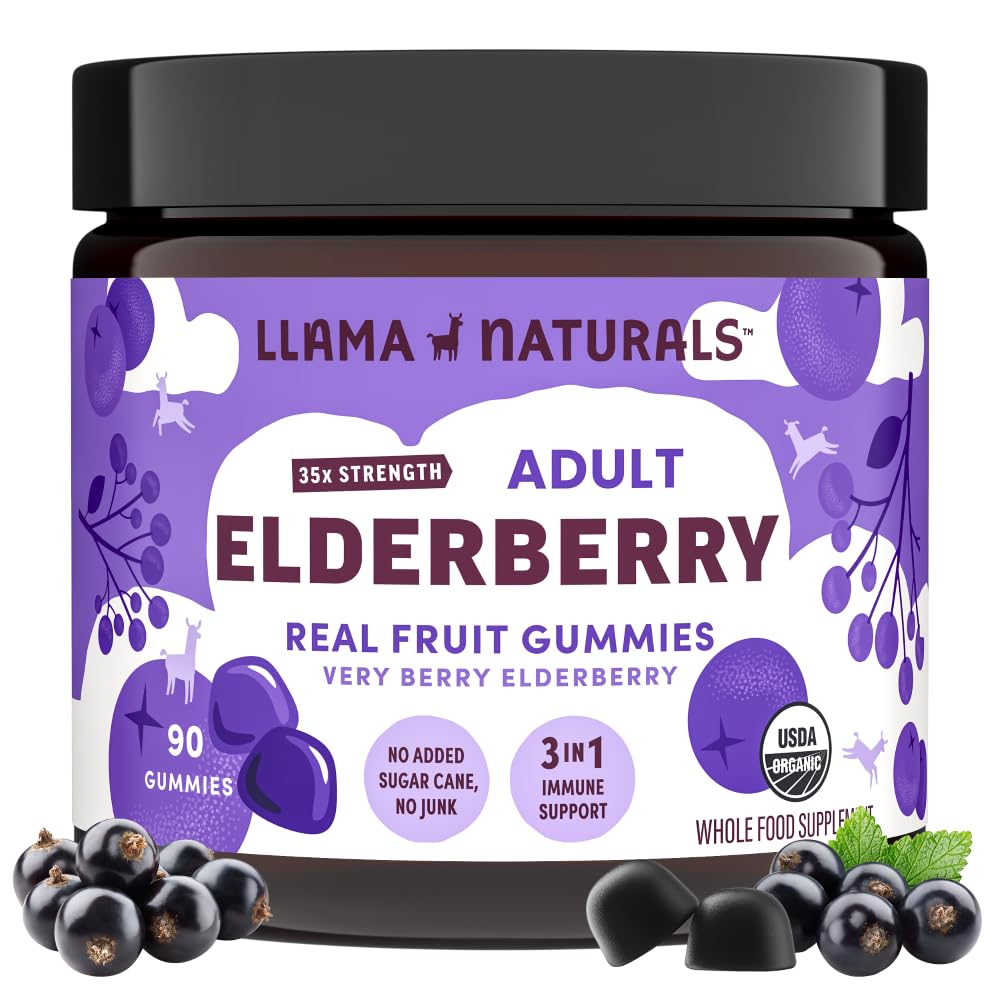 Llama Naturals Gummies pour les adultes, Végétalien, Supplément de soutien aux immunes biologiques avec vitamine C et zinc, Vitamines Gummy de vrais fruits pour l'immunité, à croquer, Pas de canne à sucre ajouté, 90 Ct