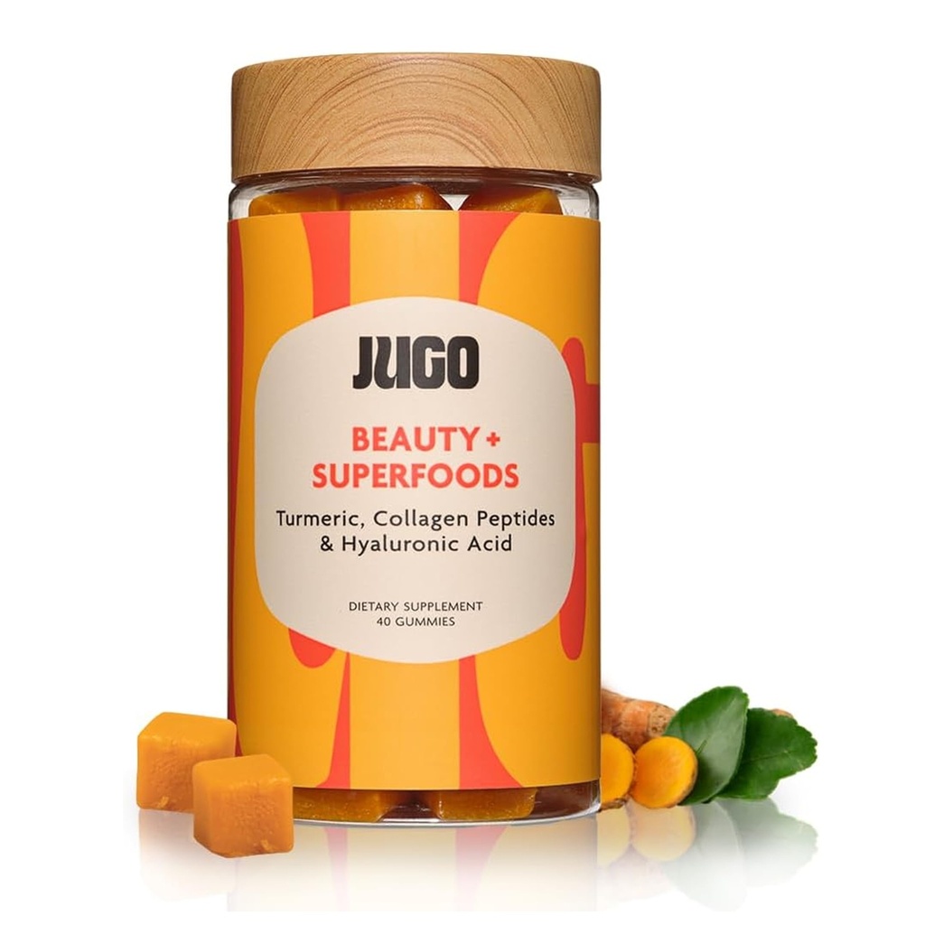 JUGO Beauty + SUPERFOODS (Supplément des ongles de la peau des cheveux avec l'acide hyaluronique et le curcuma) 40 Count à base de plantes Gummies (sans gélatine, sans OGM, fabriqués aux États-Unis)